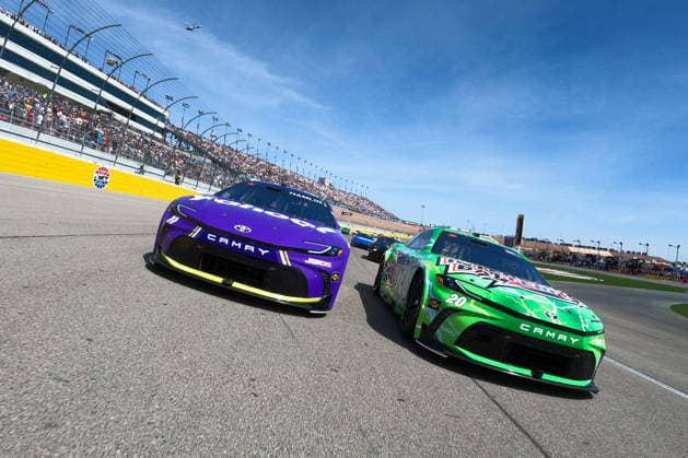LAS VEGAS, NV - MARCH 15: Denny Hamlin ( 11 Joe Gibbs Racing Yahoo! Toyota) and Christopher Bell ( 20 Joe Gibbs Racing Interstate Batteries Toyota) lead the field around the track for the opening pace laps before the start of the NASCAR, Motorsport, USA Cup Series Pennzoil 400 on March 15, 2026, at Las Vegas Motor Speedway in Las Vegas, NV. (Photo Chris Williams LVMS Icon Sportswire) AUTO: MAR 15 NASCAR Cup Series Pennzoil 400 EDITORIAL USE ONLY Icon0072603150189