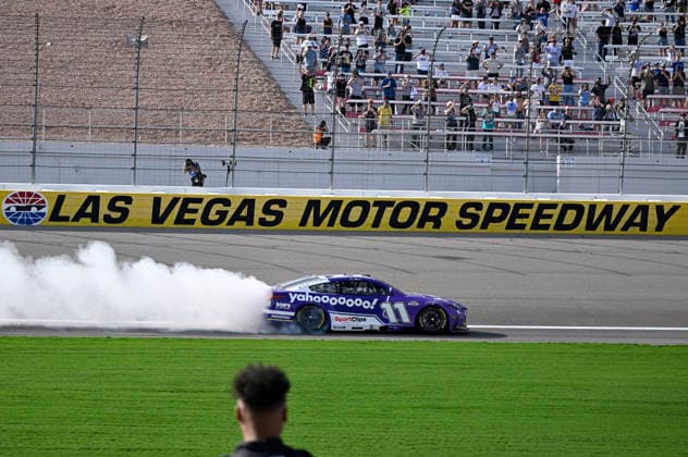 LAS VEGAS, NV - MARCH 15: Denny Hamlin ( 11 Joe Gibbs Racing Yahoo! Toyota) celebrates with a burnout down the front straight after winning the NASCAR, Motorsport, USA Cup Series Pennzoil 400 on March 15, 2026, at Las Vegas Motor Speedway in Las Vegas, NV. (Photo by Will Lester Icon Sportswire) AUTO: MAR 15 NASCAR Cup Series Pennzoil 400 EDITORIAL USE ONLY Icon24031515531