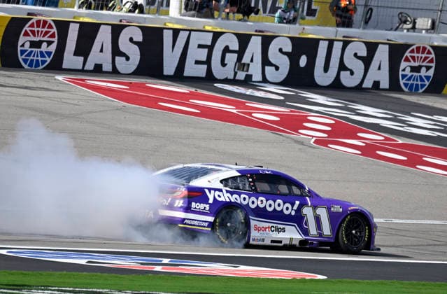 LAS VEGAS, NV - MARCH 15: Denny Hamlin ( 11 Joe Gibbs Racing Yahoo! Toyota) celebrates with a burnout down the front straight after winning the NASCAR, Motorsport, USA Cup Series Pennzoil 400 on March 15, 2026, at Las Vegas Motor Speedway in Las Vegas, NV. (Photo by Will Lester Icon Sportswire) AUTO: MAR 15 NASCAR Cup Series Pennzoil 400 EDITORIAL USE ONLY Icon24031515675
