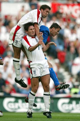 England V Slovakia, UEFA European Championships Qualifying Match Matthew Upson of England, Frank Lampard of England and Rastislav Michalik heading during the UEFA European Championships Qualifying Match match between England and Slovakia at Riverside Stadium on June 11, 2003 in Middlesbrough, England. Middlesbrough Riverside Stadium England United Kingdom Copyright: xAllstarxPicturexLibraryxLtdx