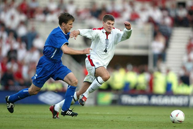 England V Slovakia, UEFA European Championships Qualifying Match Steven Gerrard of England and Radoslav Zabavnik of Slovakia challenge during the UEFA European Championships Qualifying Match match between England and Slovakia at Riverside Stadium on June 11, 2003 in Middlesbrough, England. Middlesbrough Riverside Stadium England United Kingdom Copyright: xAllstarxPicturexLibraryxLtdx