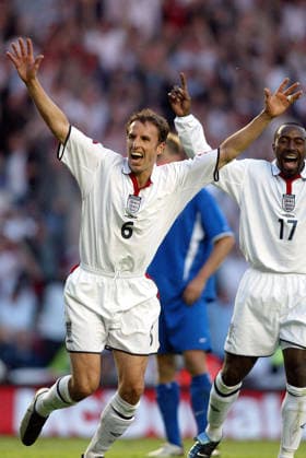 England V Slovakia, UEFA European Championships Qualifying Match Gareth Southgate of England celebrates with Darius Vassell of England during the UEFA European Championships Qualifying Match match between England and Slovakia at Riverside Stadium on June 11, 2003 in Middlesbrough, England. Middlesbrough Riverside Stadium England United Kingdom Copyright: xAllstarxPicturexLibraryxLtdx