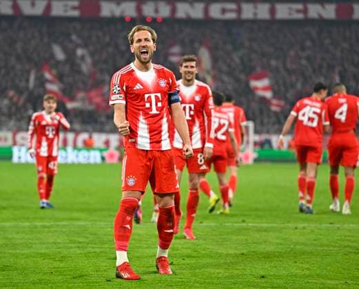 18 03 2026, Football UEFA Championsleague 2025 2026 Round of 16 second leg, FC Bayern Munich Atalanta Bergamo, in the Allianz Arena Munich, Harry Kane FC Bayern Munich cheers DFL and DFB regulations prohibit any use of photographs as image sequences and or quasi video