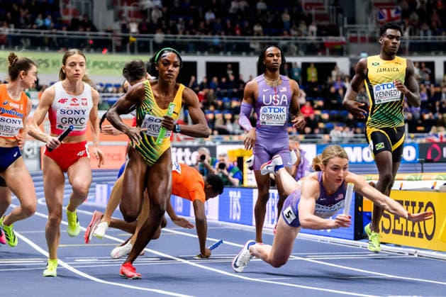 260321 Shana Kaye Anderson of Jamaica and Sara Reifenrath of USA compete during the final of the mixed 4x400 meters relay during the 2026 World Athletics Indoor Championships on March 21, 2026 in Torun Photo Petter Arvidson BILDBYRAN kod PA PA1181 friidrott athletics friidrett inomhus vm vm 2026 world athletics indoor championships vm innendors innendors vm bbeng  Copyright: PETTERxARVIDSON BB260321PA030