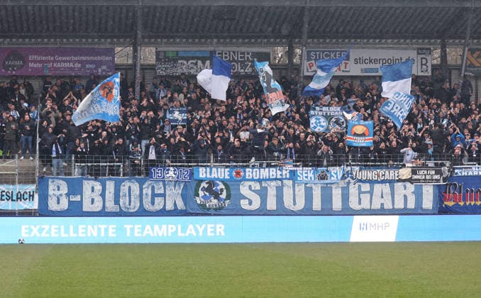 21 03 2026, Germany, Stuttgart, Soccer Regionalliga Südwest, SV Stuttgarter Kickers vs KSV Hessen Kassel, Kickers Fans, Spectators, Fan, B Block