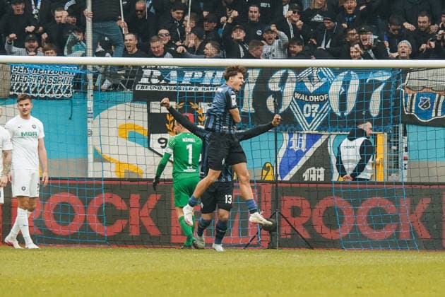 Germany Soccer 3 Liga 2025 2026 , Matchday 30 SV Waldhof Mannheim vs FC Erzgebirge Aue Carl Benz Stadion Mannheim Lovis Bierschenk SV Waldhof Mannheim, 7 Goal, Goal celebration, Cheering, Gesture, Gesture Copyright: xBennetxLongx