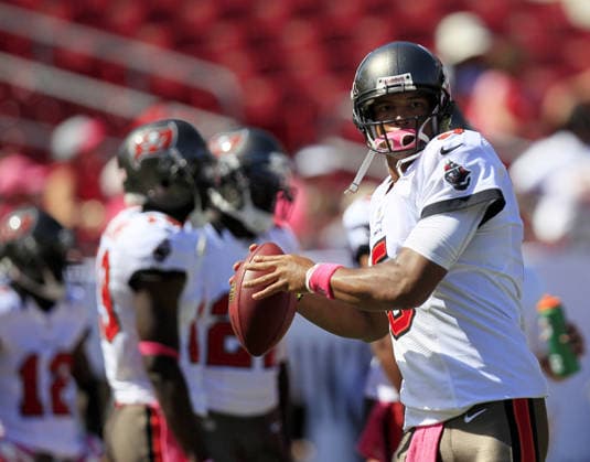 Oct. 14, 2012 - Tampa, FL, USA - Tampa Bay Buccaneers quarterback Josh Freeman (5) warms up before the game against the Kansas City Chiefs at Raymond James Stadium in Tampa, Florida, Sunday, October 14, 2012. The Buccaneers defeated the Kansas City Chiefs, 38-10. Copyright: xChrisxZuppax