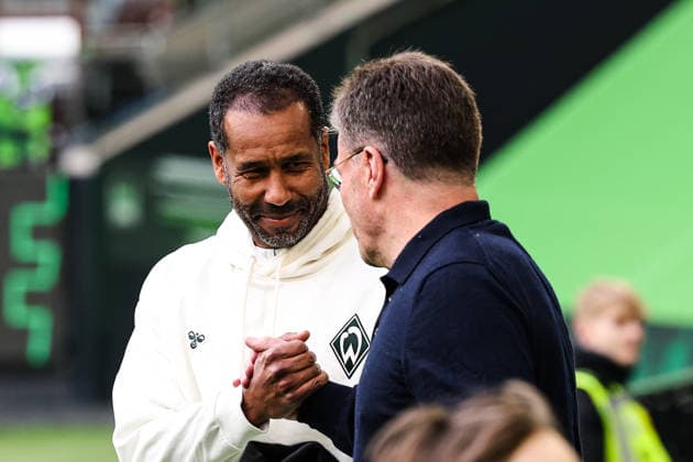 Coach Daniel Thioune Werder Bremen and Coach Dieter Hecking VfL Wolfsburg 1 Soccer Bundesliga Season 2025 2026 VfL Wolfsburg vs Werder Bremen at the Volkswagen Arena in Wolfsburg Soccer,Germany,Man,Men,21 03 2026