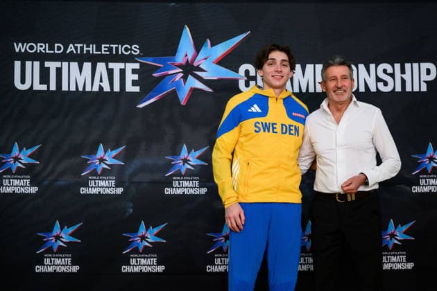 260322 Armand Duplantis of Sweden and Sebastian Coe, president of World Athletics during a press conference for the World Athletics Ultimate Championship on March 22, 2026 in Torun Photo Petter Arvidson BILDBYRAN kod PA PA1183 friidrott athletics friidrett inomhus vm vm 2026 world athletics indoor championships vm innendors innendors vm presskonferens press conference sweden bbeng World Athletics Ultimate Championship  Copyright: PETTERxARVIDSON BB260322PA125