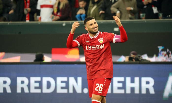 22 03 26 FC Augsburg VfB Stuttgart Germany, Augsburg, 22 03 2026, Football, Bundesliga, Season 2025 2026, FC Augsburg VfB Stuttgart Deniz Undav VfB Stuttgart Jubel Tor 1 4 Undav