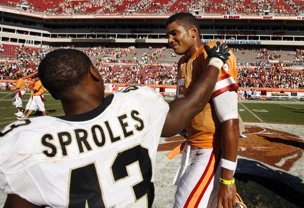 Oct. 21, 2012 - Tampa, FL, USA - Tampa Bay Buccaneers quarterback Josh Freeman (5) talks with New Orleans Saints running back Darren Sproles (43) on the field after the game at Raymond James Stadium in Tampa, Florida on Sunday, October 21, 2012. The New Orleans Saints defeated the Tampa Bay Buccaneers, 35-28. Copyright: xDirkxShaddx