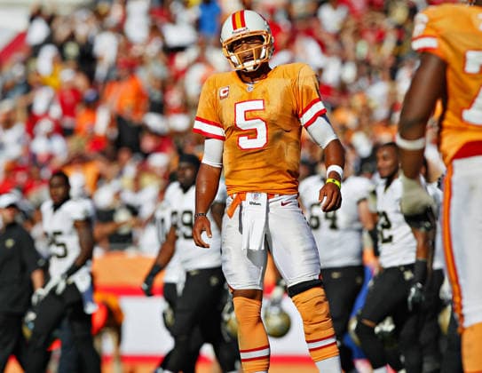 Oct. 21, 2012 - Tampa, FL, USA - Tampa Bay Buccaneers quarterback Josh Freeman (5) reacts to a penalty being called on wide receiver Mike Williams (19), negating a touchdown on the final play of the game at Raymond James Stadium in Tampa, Florida on Sunday, October 21, 2012. The New Orleans Saints defeated the Tampa Bay Buccaneers, 35-28. Copyright: xDanielxWallacex
