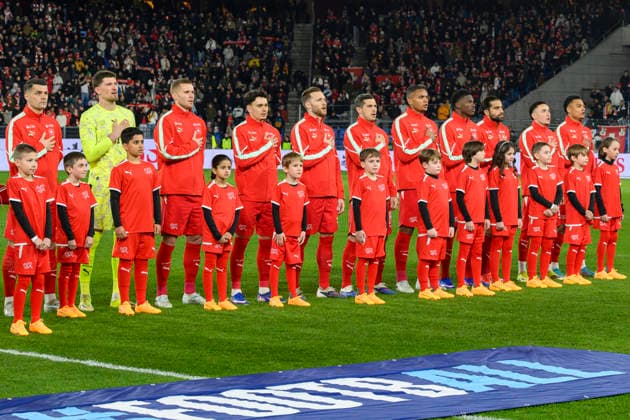 From left to right Granit Xhaka, goalkeeper Gregor Kobel, Nico Elvedi, Fabian Rieder, Silvan Widmer, Remo Freuler, Manuel Akanji, Breel Embolo, Eray Cömert, Ruben Vargas, Dan Ndoye , SUI, Switzerland Germany, National team, Football, 27 03 2026