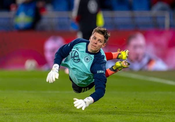 27 03 2026, Friendly international soccer match, Switzerland Germany, at St Jakob Park stadium in Basel Switzerland Goalkeeper Finn Dahmen Germany warming up