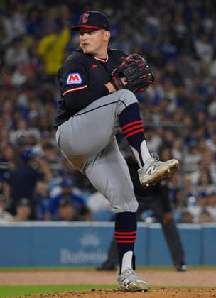 Cleveland Guardians starting pitcher Parker Messick winds up tp deliver against the Los Angeles Dodgers at Dodger Stadium in Los Angeles on Monday, March 30, 2026.  LAP20260330802 JIMxRUYMEN