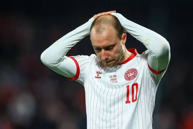 FIFA World Cup, WM, Weltmeisterschaft, Fussball 2026 European playoffs - Czech Republic vs Denmark Christian Eriksen of Denmark reacts after the FIFA World Cup 2026 European playoff match between the Czech Republic and Denmark in Prague, Czech Republic, 31 March 2026. Prague Czech Republic  Copyright: xMARTINxDIVISEKx
