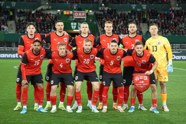 Austria vs South Korea International Football Match, 31 03 2026 VIENNA, AUSTRIA, 27 MAR 26 SOCCER OEFB international test match, Austria vs South Korea The image shows the team from Austria, back row Paul Wanner, Marco Friedl, Patrick Wimmer, Philipp Lienhart, Marko Arnautovic and Patrick Pentz AUT , fron row Phillipp Mwene, Xaver Schlager, Konrad Laimer, Marcel Sabitzer and Christoph Baumgartner AUT Copyright: xBEAUTIFULxSPORTS Rainerx