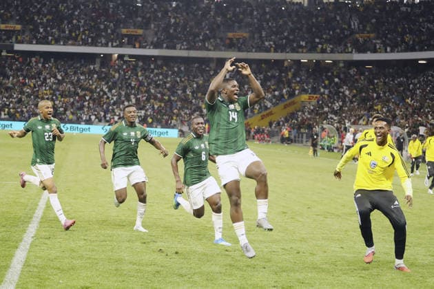 Mbekezeli Mbokazi of South Africas celebrates his goal during the International Friendly, Länderspiel, Nationalmannschaft between South Africa and Panama, held as part of preparations for the 2026 World Cup, at The DHL Stadium in Cape Town on 31st March 2026. Photo: Ron Gaunt Sportzpics SPP Copyright: xRonxGauntx xSportzpicsx xSPPx Sportspressphoto_SPR122685