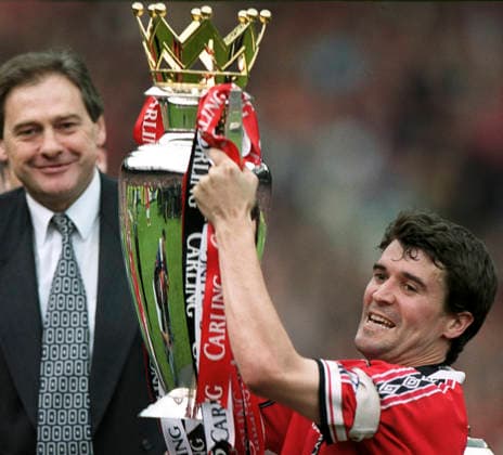 Manchester United, ManU V Tottenham Hotspur, Premier League Roy Keane of Manchester United celebrates With Premiership Trophy after winning the 1998-99 Premier League Title after the the Premier League match between Manchester United and Tottenham Hotspur at Old Trafford on May 16, 1999 in Manchester, England. Manchester Old Trafford England United Kingdom Copyright: xAllstarxPicturexLibraryxLtdx