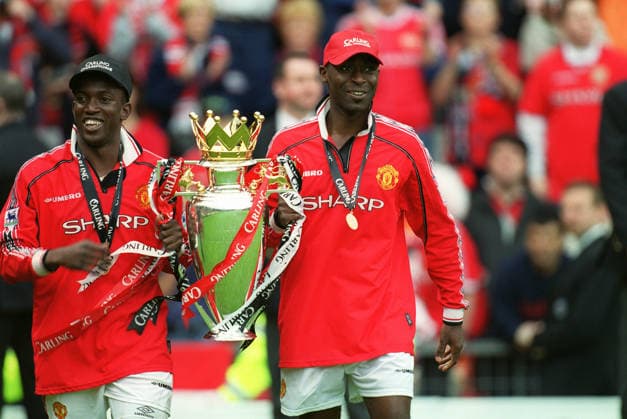 Manchester United, ManU V Tottenham Hotspur, Premier League Dwight Yorke and Andy Cole of Manchester United celebrate With Premiership Trophy after winning the 1998-99 Premier League Title after the the Premier League match between Manchester United and Tottenham Hotspur at Old Trafford on May 16, 1999 in Manchester, England. Manchester Old Trafford England United Kingdom Copyright: xAllstarxPicturexLibraryxLtdx