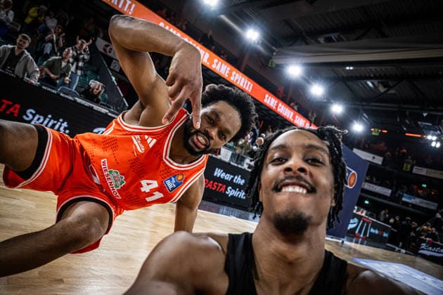 1 Basketball Bundesliga, easyCredit BBL, Season 2025 2026, Men, Main Round, Matchday 27, 02 04 2026, RASTA Vechta BMA365 Bamberg Baskets Lloyd Pandi 41 RASTA Vechta and Malik Parsons 3 RASTA Vechta after the game Vechta RASTA Dome Lower Saxony Germany
