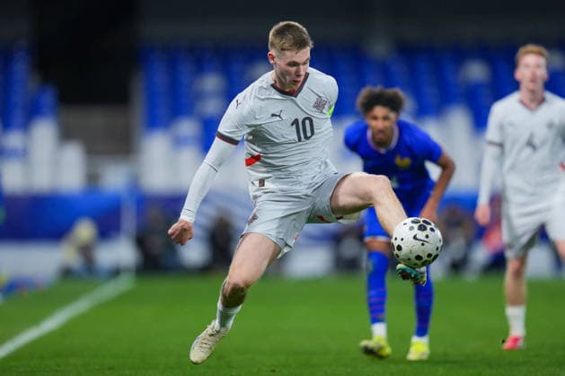 AUXERRE, FRANCE - MARCH 30: Gisli Thordarson of Iceland controls the ball during the European Qualifers U21, U 21 football match between France and Iceland on 30th March 2026 in Auxerre, France. Franco Arland (Franco Arland SPP) Copyright: xFrancoxArlandx xSPPx Sportspressphoto_SPR124069