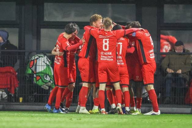 ALMERE , 03-04-2026 , Yanmar stadium , season 2025 2026 , Dutch Keuken Kampioen Divisie football , match between Almere City and Top Oss , picture shows A~lmere CityCelebrtati ng tyhe 23-1 Almere City - Top Oss  x202819063x Copyright: