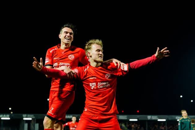 ALMERE , 03-04-2026 , Yanmar stadium , season 2025 2026 , Dutch Keuken Kampioen Divisie football , match between Almere City and TOP Oss , Picture shows Almere City FC player Boyd Reith and Almere City FC player Julian Rijkhoff celebrating the 2-1 Almere City - TOP Oss  x202819064x Copyright: