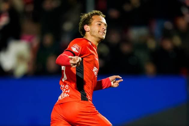 ALMERE , 03-04-2026 , Yanmar stadium , season 2025 2026 , Dutch Keuken Kampioen Divisie football , match between Almere City and TOP Oss , Picture shows Almere City FC player Olivier de Nijs celebrating the 3-1 Almere City - TOP Oss  x202819186x Copyright: