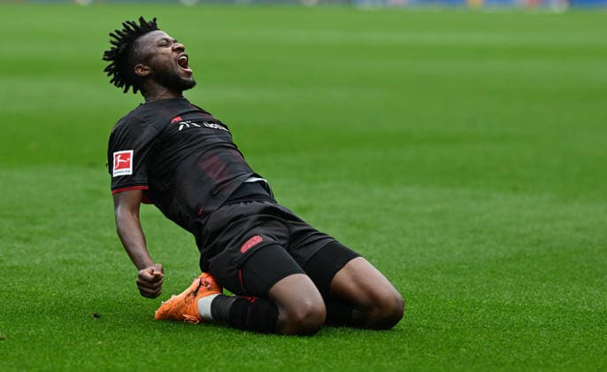 04 04 2026, xophax, Soccer 1 Bundesliga, Bayer 04 Leverkusen VfL Wolfsburg Edmond Tapsoba after his goal both Bayer 04 Leverkusen DFL DFB REGULATIONS PROHIBIT ANY USE OF PHOTOGRAPHS as IMAGE SEQUENCES and or QUASI VIDEO Leverkusen
