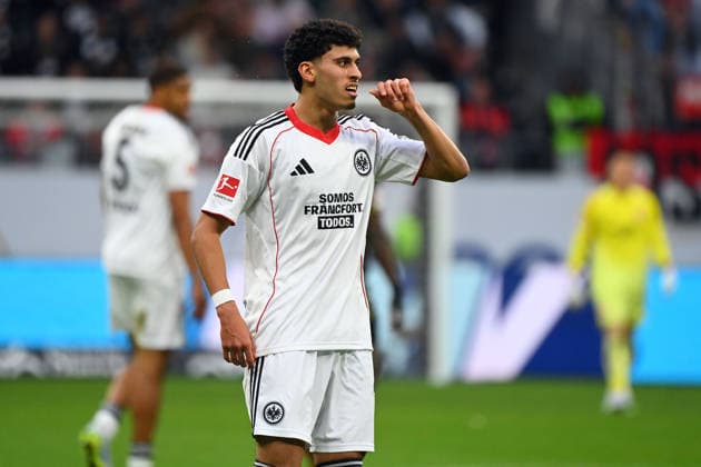 Ayoube Amaimouni Echghouyab Eintracht Frankfurt , gesture, action,single image,cropped single motif,half figure,half figure Football 1 Bundesliga Season 2025 2026, 28 Matchday, Matchday28 Eintracht Frankfurt 1 FC Koeln 2 2 on 05 04 2026 DEUTSCHE BANK PARK
