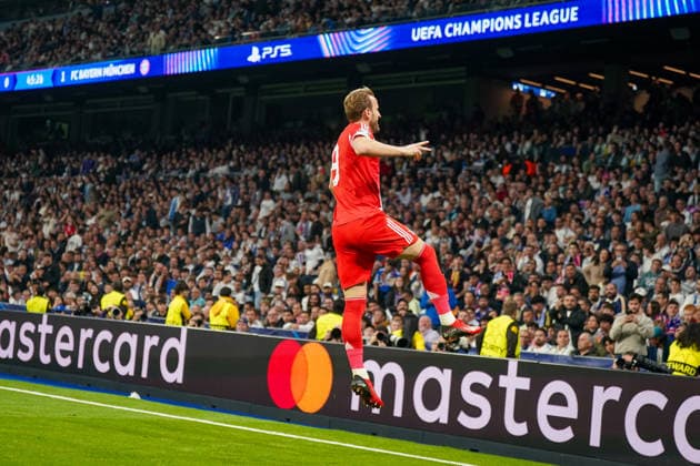 Spain Football UEFA Champions League 2025 2026, quarter-final Real Madrid vs FC Bayern Munich Bernabeu Madrid Goal and goal celebration to 0 2 by Harry Kane FC Bayern Munich, 9 Joy, emotions, jubilation Copyright: xJOERANxSTEINSIEKx