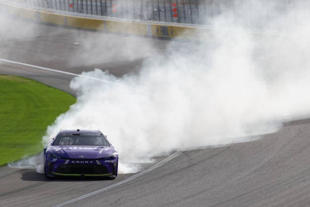 LAS VEGAS, NV - MARCH 15: Denny Hamlin ( 11 Joe Gibbs Racing Yahoo! Toyota) performs a celebratory burnout after winning the NASCAR, Motorsport, USA Cup Series Pennzoil 400 race on March 15, 2026, at Las Vegas Motor Speedway in Las Vegas, NV. (Photo by Karl Anderson Icon Sportswire) AUTO: MAR 15 NASCAR Cup Series Pennzoil 400 EDITORIAL USE ONLY Icon272260315202