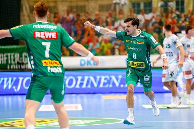 Lucas Krzikalla SC DHfK Leipzig, 08 jJubel, Torjubel, jubelt ueber Tor , SC DHfK Leipzig vs FRISCH AUF Goeppingen, Handball, 1 Bundesliga, 28 Matchday, Season 2025 2026, 09 04 2026, SC DHfK Leipzig vs FRISCH AUF Goeppingen, Handball, 1 Bundesliga, 28 Matchday, Season 2025 2026, 09 04 2026 Leipzig Copyright: xEibner-Pressefoto LauraxRoemerx EP_LRR