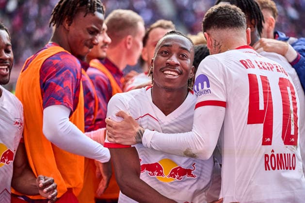 11 04 2026, Football, Men, Bundesliga, 2025 2026, RB Leipzig Borussia Mönchengladbach Yan Diomande 49, RB Leipzig , Cheering after 1 0 Leipzig Red Bull Arena Saxony Germany