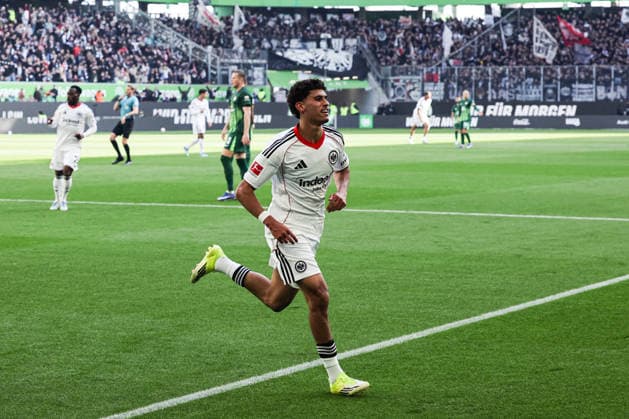 Ayoube Amaimouni Echghouyab Eintracht Frankfurt,29 cheers after his goal is disallowed 1 Soccer Bundesliga Season 2025 2026 Point Match VfL Wolfsburg vs Eintracht Frankfurt at the Volkswagen Arena in Wolfsburg Action,Soccer,Germany,Man,Men,11 04 2026