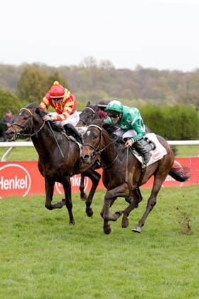 12 04 2026, Duesseldorf, Nordrhein Westfalen, GER New Emerald right with Sibylle Vogt wins racecourse Duesseldorf Grafenberg horse, jockey, New Emerald, Vogt, victory, finish, finish 260412SG988DUESSELDORF JPG