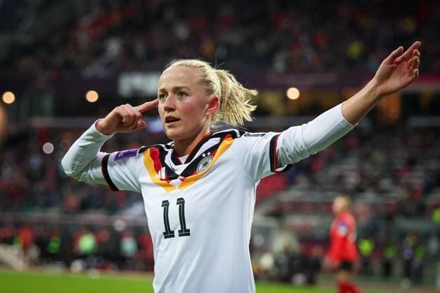 Lea Schueller 11 Germany celebrates after her goal for 5 1, Emotion, Joy, Germany vs Austria, DFB, Football, Women, Womens World Cup Qualification, Group stage, Group D, Matchday 3 of 6, Season 2025 26, 14 04 2026 Nuremberg Bavaria Germany Copyright: xkolbert-press MartinxAgüerax