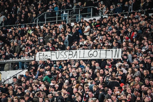 Soccer Men Season 2025 2026 Soccer Bundesliga 30 Matchday FC St Pauli vs 1 FC Köln 17 04 2026 Fans of St Pauli with a banner Eta Football Goddess Marie Louise Eta Hamburg Millerntor Stadion Hamburg Germany