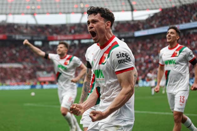 Fabian Rieder FC Augsburg celebrates after scoring his team s second goal during the Bundesliga match between Bayer 04 Leverkusen and FC Augsburg at BayArena on April 18, 2026 in Leverkusen, Germany Germany Photo by Oliver Kaelke DeFodi Images Fabian Rieder FC Augsburg celebrates after scoring his team s second goal during the Bundesliga match between Bayer 04 Leverkusen and FC Augsburg at BayArena on April 18, 2026 in Leverkusen, Germany Photo by Oliver Kaelke DeFodi Images DFL regulations prohibit any use of photographs as image sequences and or quasi video Photo by Oliver Kaelke DeFodi Images