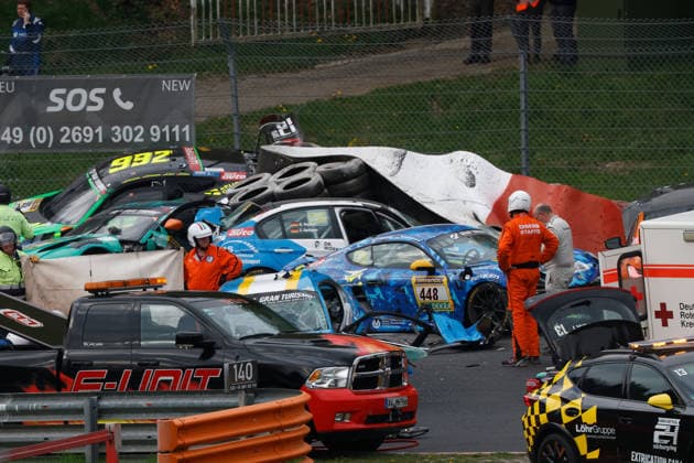 18 04 2026, xrarjax, Motorsport ADAC RAVENOL NLS, Nürburgring Endurance Series 2026 v l Serious accident Crash Wahl Rönnefarth Dumarey Böckmann, Aston Martin Vantage AMR GT3 , 111 Becker Spölgen, BMW 325i e90 , 121 Miettinen Berghult, BMW 325i e90 , 410 Croci Larbi Ackermann Le Bihan, Porsche Cayman GTS , 448 Klinkmüller Beckwermert, Porsche Cayman CM12 , 503 Tamm Egger Hökfelt, Toyota Supra and 992 Griesemann Griesemann Adorf Holzer, Porsche 911 GT3 Cup Manthey 992 1 Nürburg