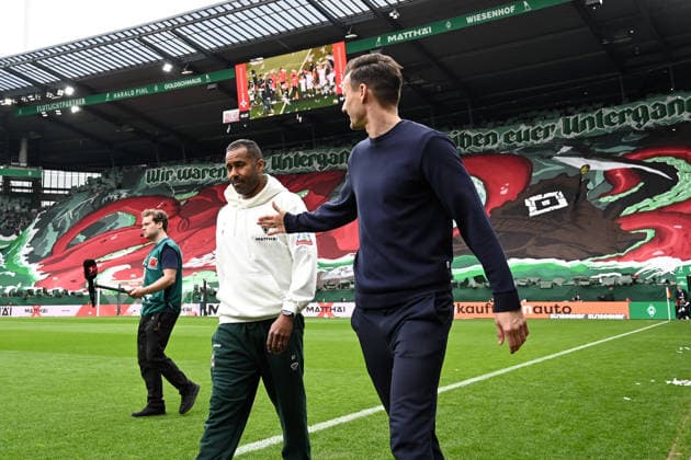 Coach Daniel Thioune Werder Bremen and Director of Professional Football Claus Costa Hamburger SV look on during the Bundesliga match between SV Werder Bremen and Hamburger SV at Weserstadion on April 18, 2026 in Bremen, Germany Germany Photo by Ralf Treese DeFodi Images Coach Daniel Thioune Werder Bremen and Director of Professional Football Claus Costa Hamburger SV look on during the Bundesliga match between SV Werder Bremen and Hamburger SV at Weserstadion on April 18, 2026 in Bremen, Germany Photo by Ralf Treese DeFodi Images DFL regulations prohibit any use of photographs as image sequences and or quasi video Photo by Ralf Treese DeFodi Images