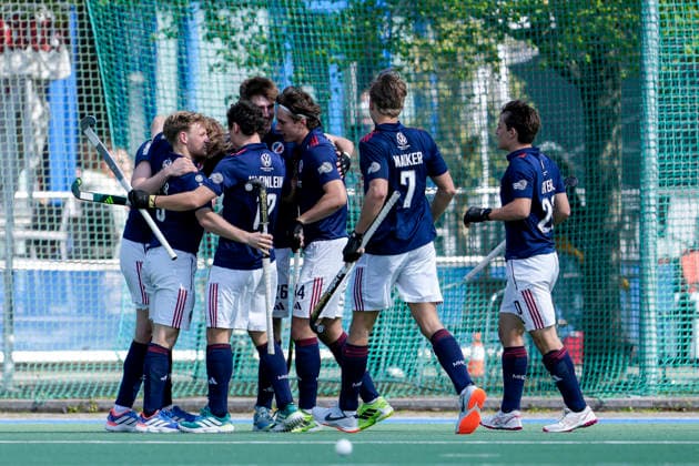 Players of Mannheimer HC MHC , celebrate the goal, celebrate the goal, goal, celebration, cheers about the goal, rejoice, joy, rejoicing, optimistic, positive, game scene, highlight, action, 19 04 2026, Mannheim Germany , Hockey, 1 Bundesliga, Men, Mannheimer HC Der Club an der Alster xozx