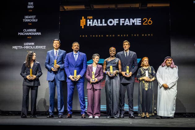 Basketball Berlin 21 04 2026 Draw FIBA Women™s Basketball Wold Cup Draw FIBA Womens World Championships FIBA Hall Of Fame Introduction 2026 Sue Bird Wang Zhizhi Hidayet Türkoglu Celine Dumerc Clarisse Machanguana Dirk Nowitzki Wilma Demierre, granddaughter of Ismenia Pauchard Sheikh Saud Ali Al Thani, FIBA International Basketball Federation President