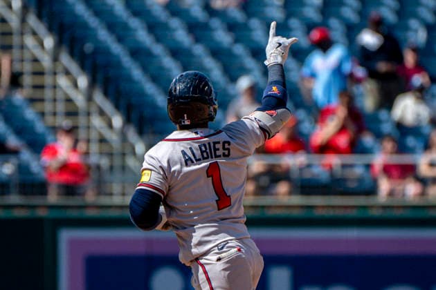 Atlanta Braves second baseman Ozzie Albies (1) celebrates hitting a home run in the top of the night inning during a game against the Washington Nationals at Nationals Park in Washington, DC on Thursday, April 23, 2026. The Braves beat the Nationals 7-2.  WAP20260423336 BONNIExCASH