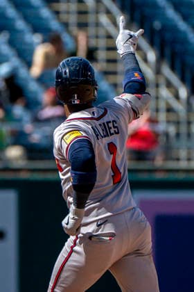 Atlanta Braves second baseman Ozzie Albies (1) celebrates hitting a home run in the top of the night inning during a game against the Washington Nationals at Nationals Park in Washington, DC on Thursday, April 23, 2026. The Braves beat the Nationals 7-2.  WAP20260423337 BONNIExCASH