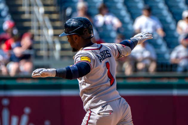 Atlanta Braves second baseman Ozzie Albies (1) celebrates hitting a home run in the top of the night inning during a game against the Washington Nationals at Nationals Park in Washington, DC on Thursday, April 23, 2026. The Braves beat the Nationals 7-2.  WAP20260423338 BONNIExCASH