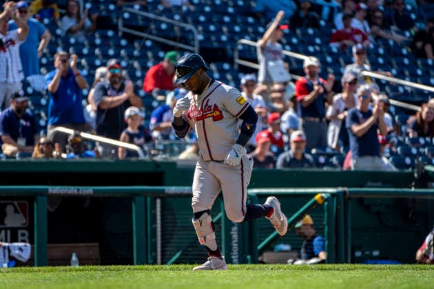 Atlanta Braves second baseman Ozzie Albies (1) celebrates hitting a home run in the top of the night inning during a game against the Washington Nationals at Nationals Park in Washington, DC on Thursday, April 23, 2026. The Braves beat the Nationals 7-2.  WAP20260423339 BONNIExCASH
