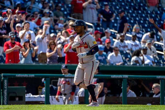 Atlanta Braves second baseman Ozzie Albies (1) celebrates hitting a home run in the top of the night inning during a game against the Washington Nationals at Nationals Park in Washington, DC on Thursday, April 23, 2026. The Braves beat the Nationals 7-2.  WAP20260423340 BONNIExCASH