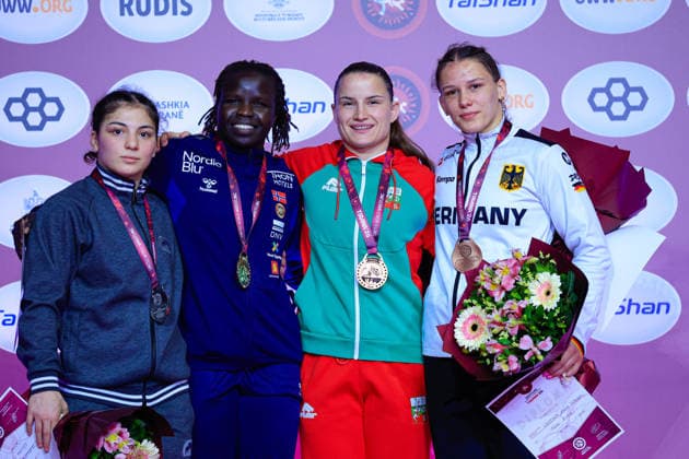 Senior Wrestling European Championships 2026 Podium 62kg WW Gold Grace Jacob Bullen NOR , Silver Amina Tandelova UWW , Bronze Bilyana Zhivkova Dudova BUL , Naemi Leistner GER Copyright: xKostadinxAndonovx xUnitedxWorldxWrestlingx Kostadin Andonov United World Wrestling